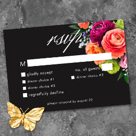 Tarjeta De Confirmación De Asistencia Moody Luxe Floral Vibrant Pink Black Wedding
