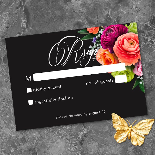 Tarjeta De Confirmación De Asistencia Moody Luxe Floral Vibrant Pink Black Wedding (Moody Luxe Floral Vibrant Pink Black Wedding RSVP Card)