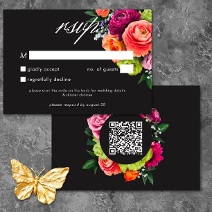 Tarjeta De Confirmación De Asistencia Moody Luxe Floral Vibrante Rosa Negro Boda QR
