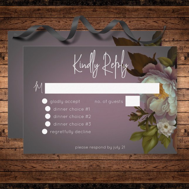 Tarjeta De Confirmación De Asistencia Moody Mauve Floral Moderno Boda Cena (Dark Moody Mauve Floral Modern Wedding Dinner RSVP Card)
