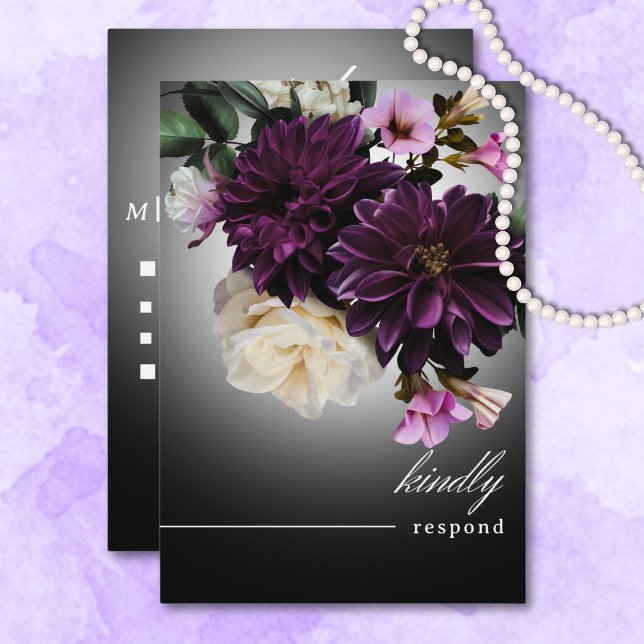 Tarjeta De Confirmación De Asistencia Moody oscuro Midnight Morple Floral Romance Cena (Dark Moody Midnight Purple Floral Romance Dinner RSVP Card)