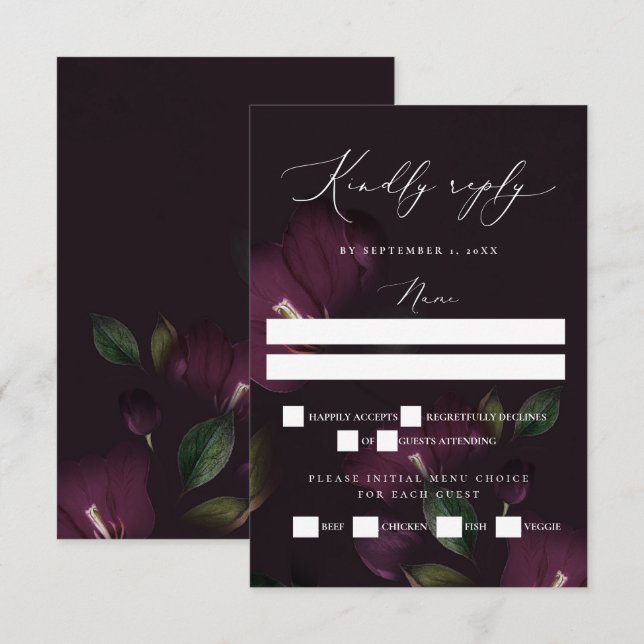 Tarjeta De Confirmación De Asistencia Moody Purple Blooms Boda Gótico (Anverso / Reverso)