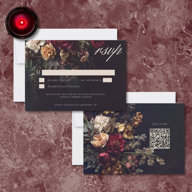 Tarjeta De Confirmación De Asistencia Moody Romantic Dark Floral Gothic Wedding QR (Subido por el creador)