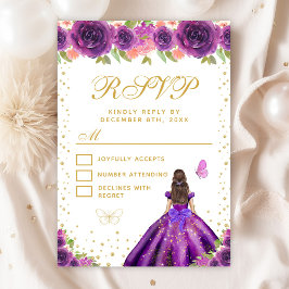Tarjeta De Confirmación De Asistencia Morado Floral Brunette Hair Princess Dulce Diecisé