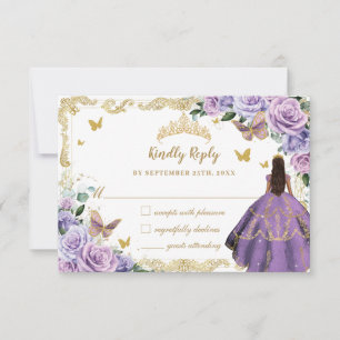 Tarjeta De Confirmación De Asistencia Morado Lilac Floral Quinceañera Princesa Oro