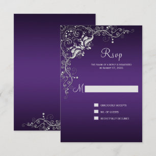 Tarjeta De Confirmación De Asistencia Morado oscuro con florituras plateadas ornamentada
