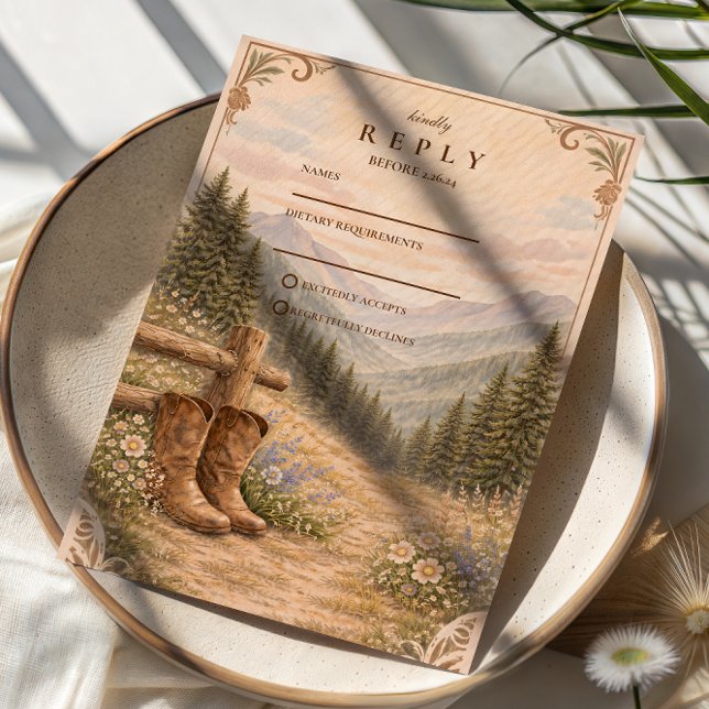 Tarjeta De Confirmación De Asistencia Mountain Forest Cowboy Boots Wedding (Subido por el creador)