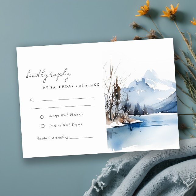 Tarjeta De Confirmación De Asistencia Mountain Lake Winter Landscape Wedding Reception (Subido por el creador)