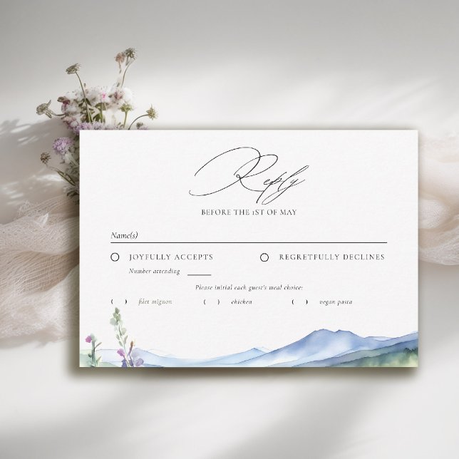 Tarjeta De Confirmación De Asistencia Mountains Wildflowers Meadow Modern Wedding Meal (mountain wedding rsvp reply respond wildflowers meadow floral watercolor modern calligraphy)