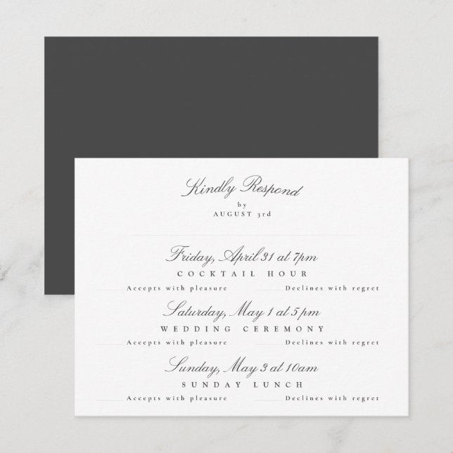 Tarjeta De Confirmación De Asistencia Multievento de caligrafía elegante gris oscuro bla (Anverso / Reverso)