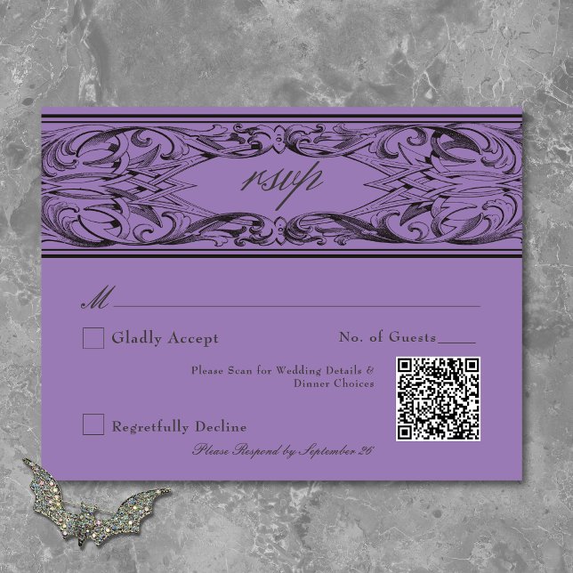 Tarjeta De Confirmación De Asistencia Murciélago victoriano hasta la muerte Boda negro y (Victorian Bat Until Death Black & Purple Wedding RSVP Card)