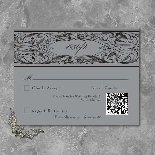 Tarjeta De Confirmación De Asistencia Murciélago victoriano hasta la muerte Boda negro y (Victorian Bat Until Death Black & Gray Wedding RSVP Card)