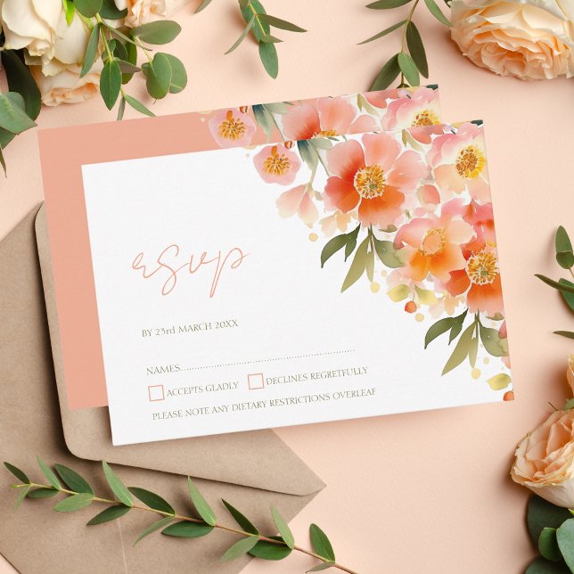 Tarjeta De Confirmación De Asistencia Naranja acuarela moderna Boda floral de durazno (Subido por el creador)