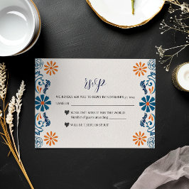 Tarjeta De Confirmación De Asistencia Naranja azul mexicano Floral Elegante Boda Fiesta