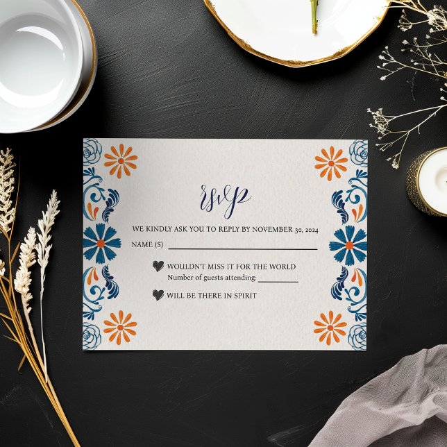 Tarjeta De Confirmación De Asistencia Naranja azul mexicano Floral Elegante Boda Fiesta (Mexican Blue Orange Floral Elegant Fiesta Wedding RSVP Card)