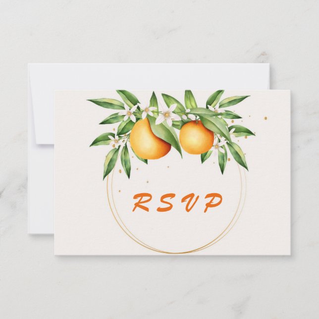 Tarjeta De Confirmación De Asistencia Naranja de acuarela Boda botánico de fruta (Anverso)