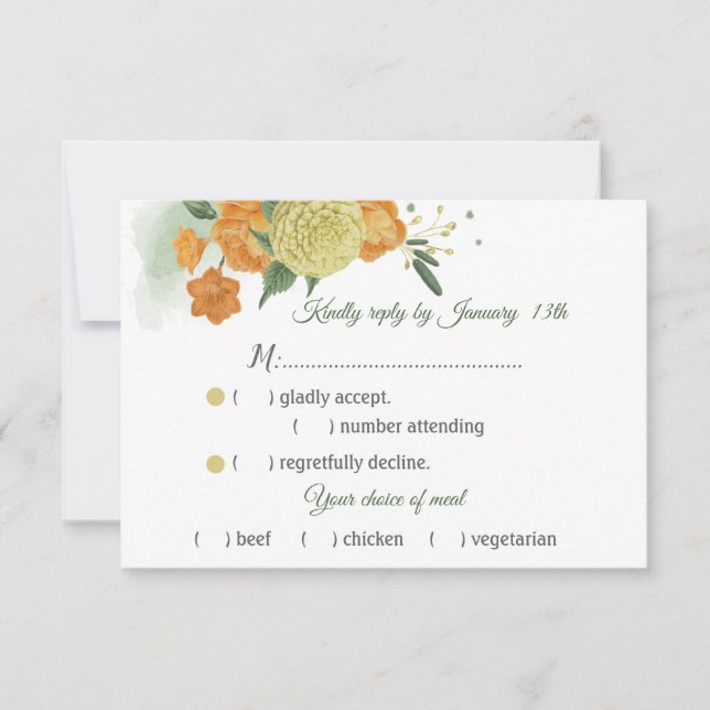Tarjeta De Confirmación De Asistencia naranja de hojas verdes amarillas opción de comida (Anverso)
