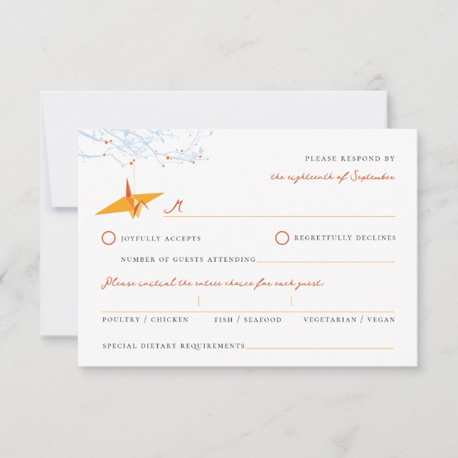 Tarjeta De Confirmación De Asistencia Naranja de Origami colgando papel grúa Boda asiáti (Anverso)
