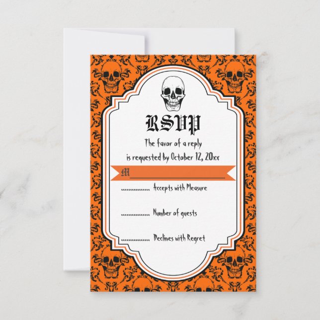 Tarjeta De Confirmación De Asistencia Naranja del damasco de Skulls, boda negra de Hallo (Anverso)