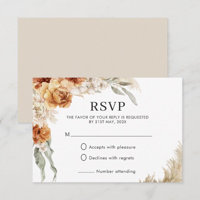 Tarjeta De Confirmación De Asistencia Naranja quemada Floral Pampas Boho Boda (Anverso / Reverso)