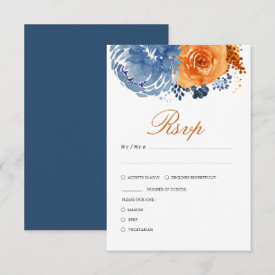 Tarjeta De Confirmación De Asistencia Naranja quemado azul de la marina Boda floral oto
