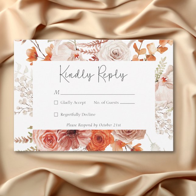 Tarjeta De Confirmación De Asistencia Naranja Quemado Boho Cae Blanco Floral (Boho Burnt Orange Fall Floral White RSVP Card)