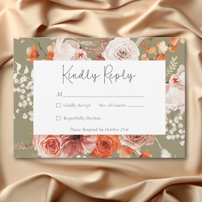 Tarjeta De Confirmación De Asistencia Naranja Quemado Boho Cae Floral Monograma (Boho Burnt Orange Fall Floral Monogram Sage RSVP Card)