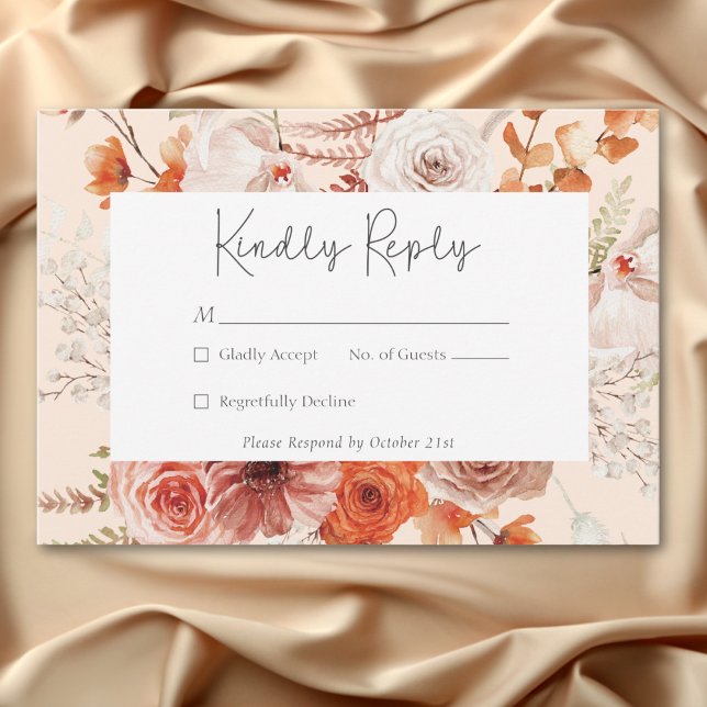 Tarjeta De Confirmación De Asistencia Naranja Quemado Boho Caer Floral Monograma (Boho Burnt Orange Fall Floral Monogram Peach RSVP Card)