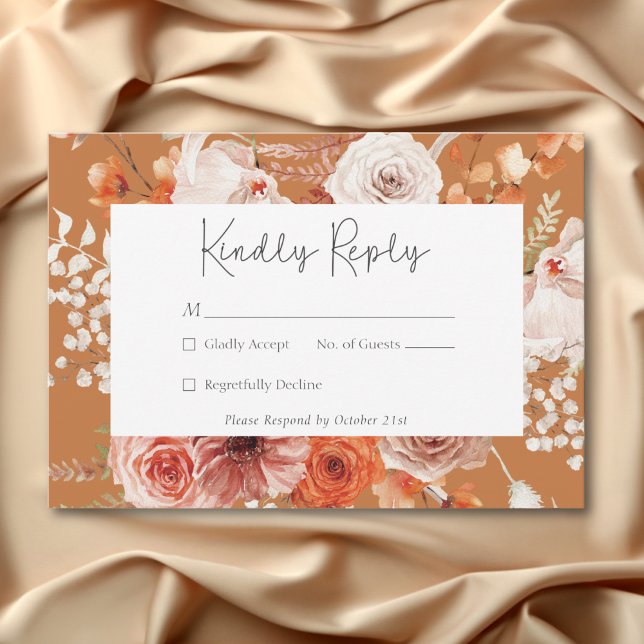 Tarjeta De Confirmación De Asistencia Naranja Quemado Boho Caída Floral Monograma Resto (Boho Burnt Orange Fall Floral Monogram Rust RSVP Card)