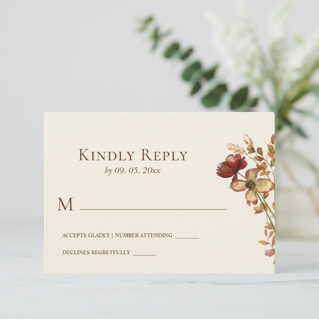 Tarjeta De Confirmación De Asistencia Naranja Quemado Simple Boda Floral Wildflowers (Anverso de pie)