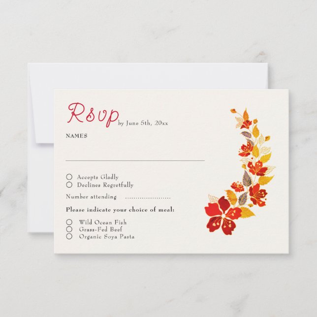 Tarjeta De Confirmación De Asistencia Naranja quemado Tropical Hibiscus Florals Boda (Anverso)