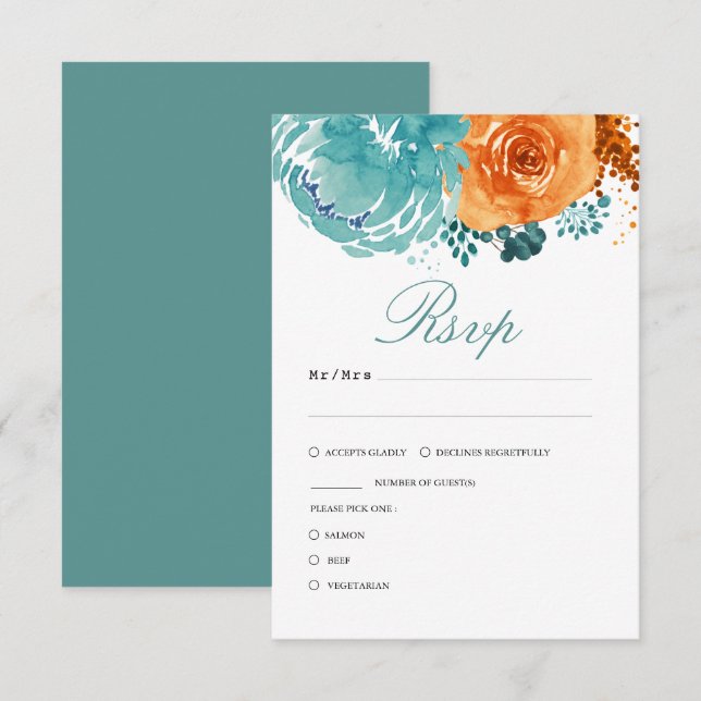 Tarjeta De Confirmación De Asistencia Naranja quemado verde azulado Boda floral otoño (Anverso / Reverso)