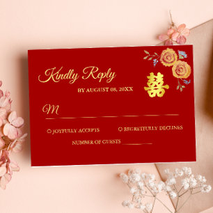 Tarjeta De Confirmación De Asistencia Naranja rojo floral boda chino doble felicidad