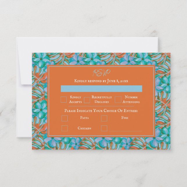 Tarjeta De Confirmación De Asistencia Naranja tropical y Boda floral azul (Reverso)