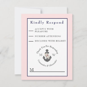 Tarjeta De Confirmación De Asistencia Nautical Boda Floral Anchor Naval Rosa Azul