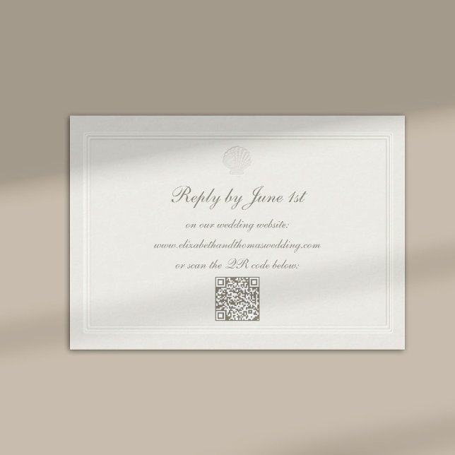 Tarjeta De Confirmación De Asistencia Nautical Coastal Shell Modern Classic QR Wedding (modern classic wedding rsvp card QR code frame ecru script calligraphy formal traditional elegant)