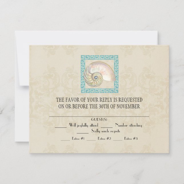 Tarjeta De Confirmación De Asistencia Nautilus Shell acuarela Griega Key Damask Beach (Anverso)