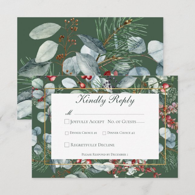Tarjeta De Confirmación De Asistencia Navidades de invierno Boda verde (Anverso / Reverso)