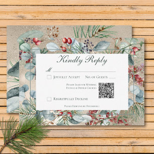 Tarjeta De Confirmación De Asistencia Navidades de invierno Greenery Gold Boda QR Código