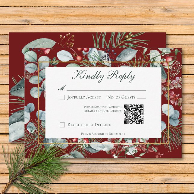 Tarjeta De Confirmación De Asistencia Navidades de invierno verde Boda rojo Código QR (Winter Christmas Greenery Red Wedding QR Code RSVP Card)