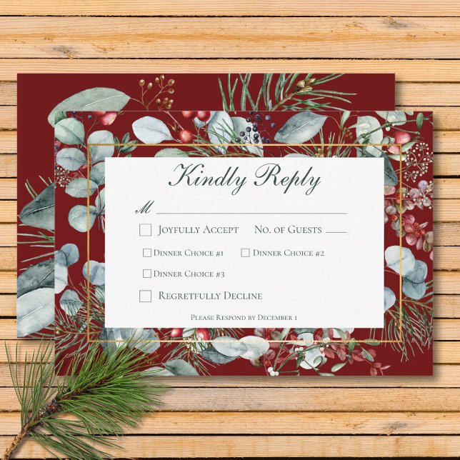 Tarjeta De Confirmación De Asistencia Navidades de invierno verde Boda rojo tres cenas (Winter Christmas Greenery Red Wedding Three Dinner RSVP Card)