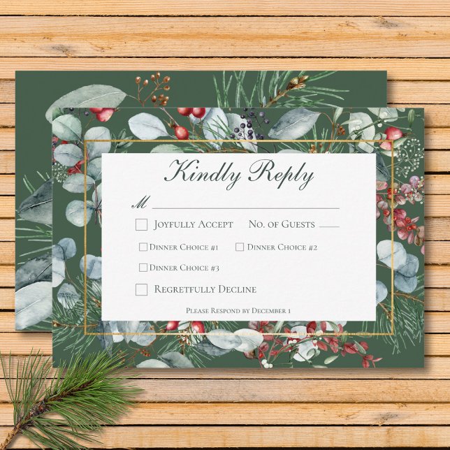 Tarjeta De Confirmación De Asistencia Navidades de invierno verde verde cena (Winter Christmas Greenery Green Three Dinner RSVP Card)