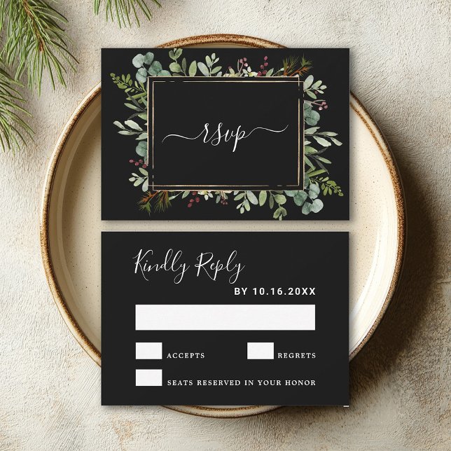 Tarjeta De Confirmación De Asistencia Navidades de la vegetación botánica Boda negro (Front & Back)