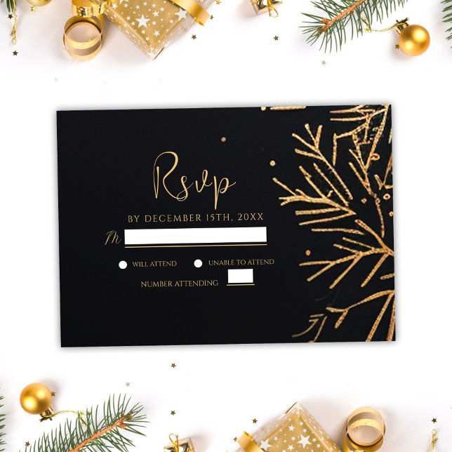 Tarjeta De Confirmación De Asistencia Navidades de oro negro Fiesta vacaciones elegantes (Black Gold Christmas Party Modern Elegant Holiday RSVP Card)