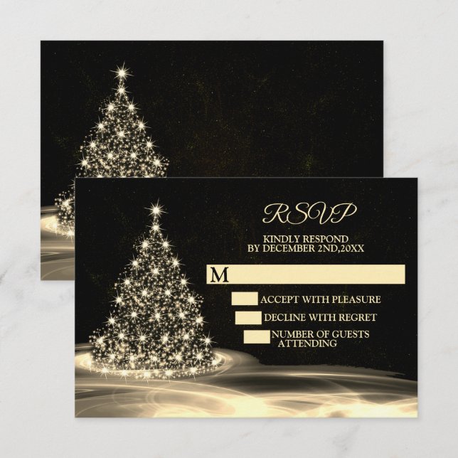 Tarjeta De Confirmación De Asistencia Navidades Fiesta Golden Shiny Tree Black (Anverso / Reverso)