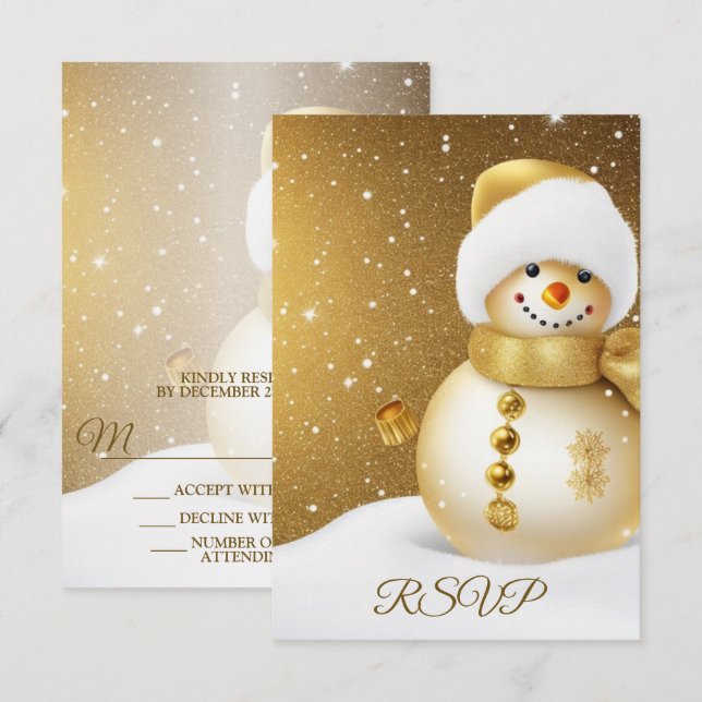 Tarjeta De Confirmación De Asistencia Navidades Fiesta Golden Snowman Snowflakes Holiday (Anverso / Reverso)