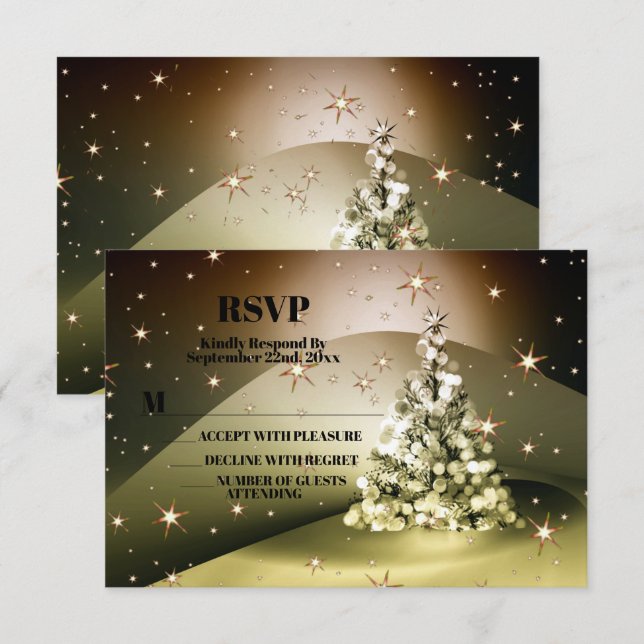 Tarjeta De Confirmación De Asistencia Navidades Fiesta Golden Tree Shiny Sparkle Stars (Anverso / Reverso)