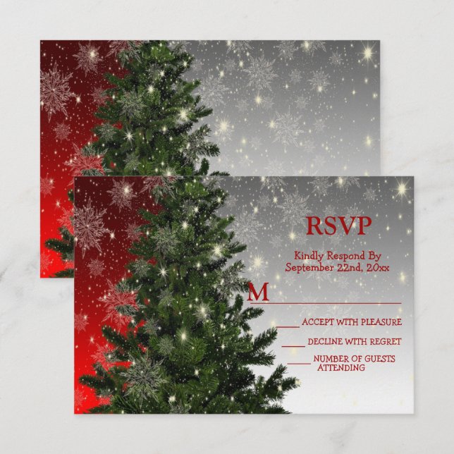 Tarjeta De Confirmación De Asistencia Navidades Fiesta Green Tree Red Silver Snowflakes (Anverso / Reverso)