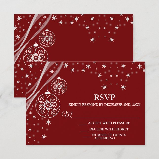 Tarjeta De Confirmación De Asistencia Navidades Fiesta Ornamentos Blancos Estrellas Rojo (Anverso / Reverso)