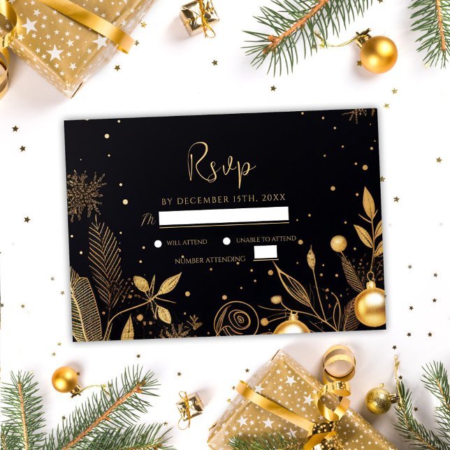 Tarjeta De Confirmación De Asistencia Navidades Fiesta Oro Festividad Festividad Moderna (Christmas Party Gold Modern Holiday Festive RSVP Card)